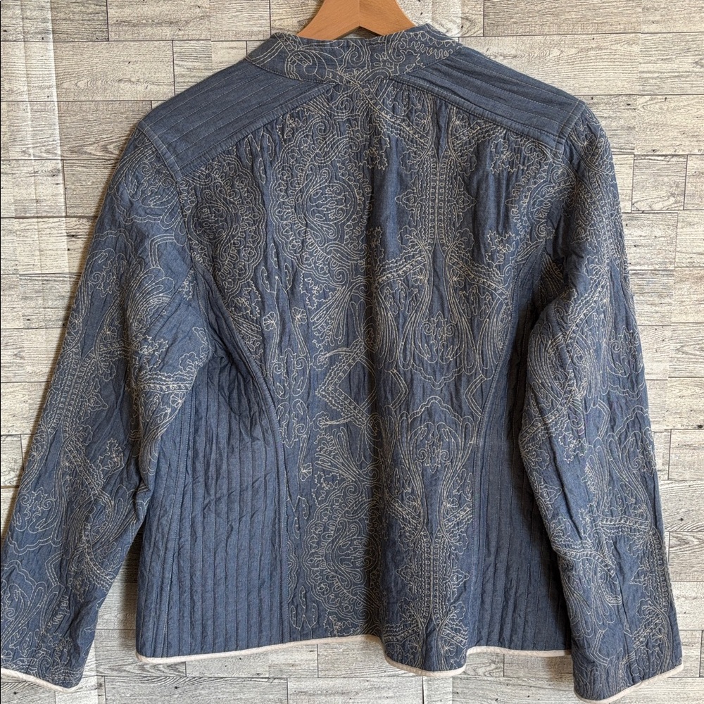 Quilted Paisley Brocade Floral chambray Open Front y2k Jacket coat Medium Chicos - Picture 2 of 8